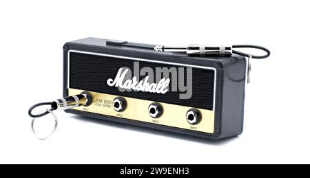 Marshall Amplification Jack Rack Key holder JCM 800 Lead Series Master Volume Head replica 4 guitar plug input keychain isolated on white background G Stock Photo