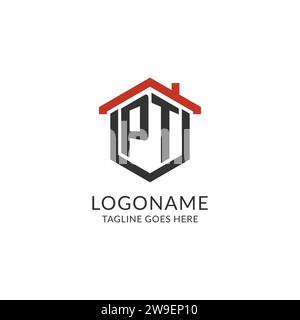 Initial logo PT monogram with home roof hexagon shape design, simple and minimal real estate logo design vector graphic Stock Vector