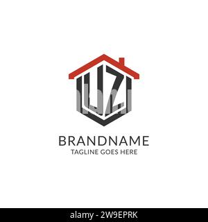 Initial logo UZ monogram with home roof hexagon shape design, simple and minimal real estate logo design vector graphic Stock Vector