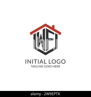 Initial logo WF monogram with home roof hexagon shape design, simple and minimal real estate logo design vector graphic Stock Vector