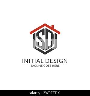 Initial logo SD monogram with home roof hexagon shape design, simple and minimal real estate logo design vector graphic Stock Vector