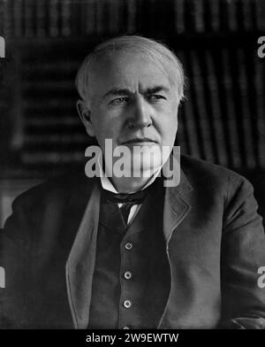 Portrait of Thomas Edison in the Building 5 Library of his West Orange Laboratory. Year 1911. Stock Photo