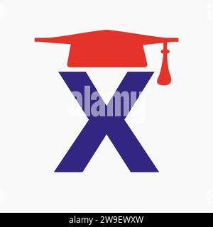 Education Logo On Letter X With Graduation Hat Icon. Study Symbol Stock Vector