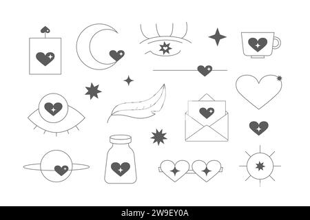 Simple linear groovy valentines day elements. Hippie retro love line vectr illustrations. Stock Vector