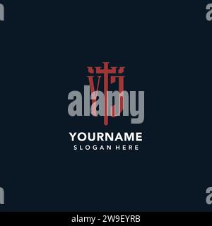 YJ initial monogram logos with sword and shield shape design ideas Stock Vector