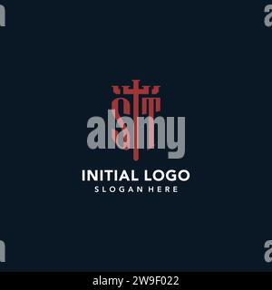 ST initial monogram logos with sword and shield shape design ideas Stock Vector