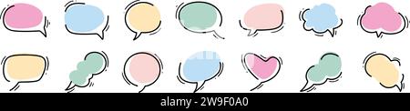 Comic hand drawn loose speech bubble frame set. Cute line decoration for title, notes, dialog, chat, think, headline, talk, comment expression. Callou Stock Vector