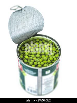 opened tin can of the green pea, shallow dof Stock Photo
