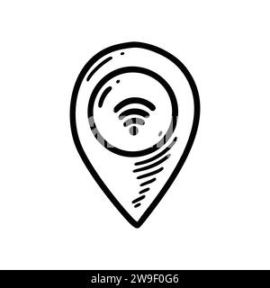 Doodle wifi location icon. Wireless satellite internet connection pinpoint. Sketch radio signal symbol. Hand drawn map pin. Stock Vector