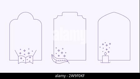 Linear minimalistic aesthetic frames with sparkles, magic stars. Outline arches with fairy candle, book, feather for story, banner. Stock Vector