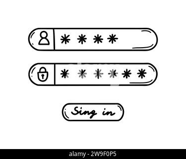 Doodle password register form. User name verification and authorisation. Hand drawn sketch login, logout, sign in illustration. Mobile app and pc user Stock Vector