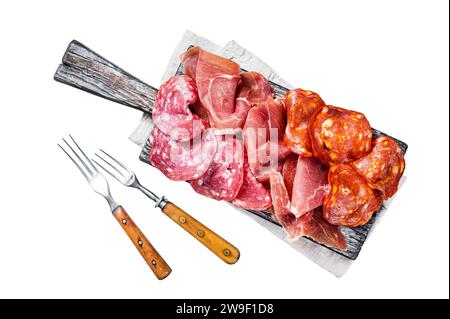 Assorted meat appetizers - salami, jamon, choriso sausages. Isolated on white background, top view Stock Photo