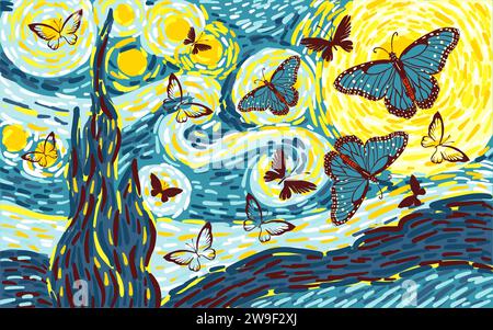 Glowing moon on a blue sky abstract background with butterflies. hand drawing. Not AI. vector pattern in the style of impressionist paintings. Stock Vector