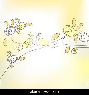 Kiss, prince and princess dove on the branch, drawing, wall decor, hand drawn Stock Vector