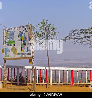 Kenya - July 11, 2017: Great rift valley view point in heart of Africa sign board with elevation. Stock Photo