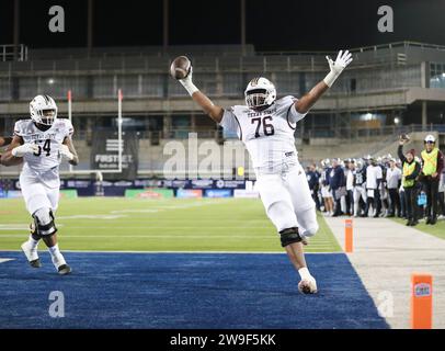 Dallas, Texas, USA. 26th Dec, 2023. Texas State offensive lineman NASH JONES (76) checked in as a receiver and caught a touchdown pass during the second half of the First Responders Bowl at Gerald J. Ford Stadium on the SMU campus in Dallas, Texas on Tuesday. Texas State defeated Rice in the First Responders Bowl game 45-21 (Credit Image: © Brian McLean/ZUMA Press Wire) EDITORIAL USAGE ONLY! Not for Commercial USAGE! Stock Photo