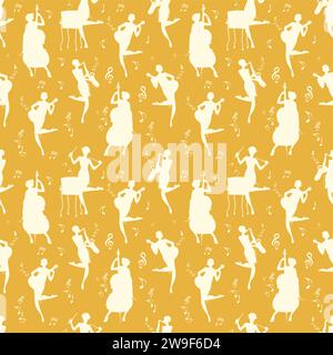 Seamless pattern of flapper girls silhouettes playing jazz music related instruments. Stock Vector