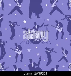 Silhouettes of a 50s male big band orchestra seamless pattern. Vintage music background. Stock Vector