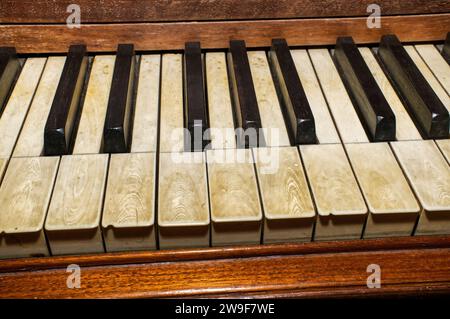 real elephant ivory piano keys on old wooden grand piano black and white keys with dirt, sweat and finger oils ground in detailed late 1800s instrumen Stock Photo