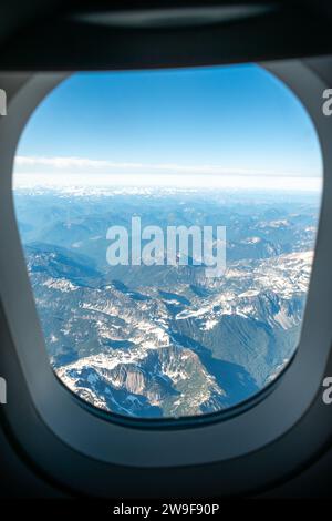 Spectacular view of the rugged landscape of Washington state, as seen from a plane's passenger window. Stock Photo