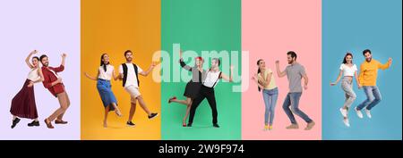 Romantic date. Lovely couple dancing on color backgrounds, set of photos Stock Photo
