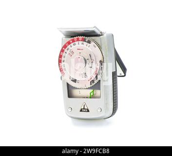 old retro light meter Photographic nostalgia with old-fashioned photo equipment. Image of old technology Tower vintage Light Exposure Meter made by Se Stock Photo