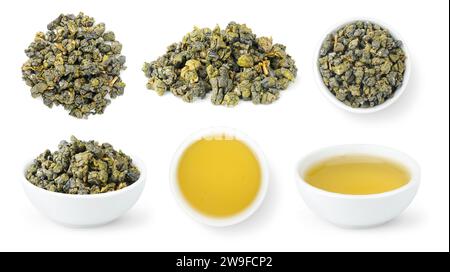 Taiwan Dong Ding Oolong, collection of loose leaves and bowls of brewed oolong tea isolated on white background Stock Photo