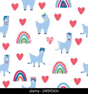 Cute pattern with llamas, cacti, Alps mountains, dream catcher, rainbows and hearts. Children's room design, printed fabric, wallpaper, packaging Stock Vector