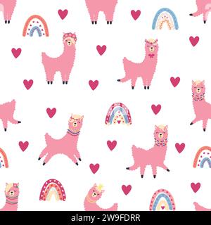Cute pattern with llamas, cacti, Alps mountains, dream catcher, rainbows and hearts. Children's room design, printed fabric, wallpaper, packaging Stock Vector