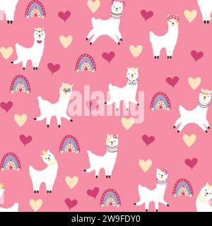 Cute pattern with llamas, cacti, Alps mountains, dream catcher, rainbows and hearts. Children's room design, printed fabric, wallpaper, packaging Stock Vector