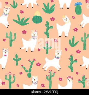 Cute pattern with llamas, cacti, Alps mountains, dream catcher, rainbows and hearts. Children's room design, printed fabric, wallpaper, packaging Stock Vector