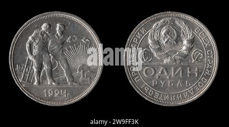 Old russian 1 rubl silver coin of 1924. Black background Stock Photo