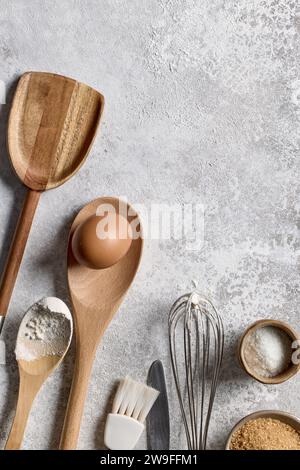 various kitchen tools on light grey table top view Stock Photo