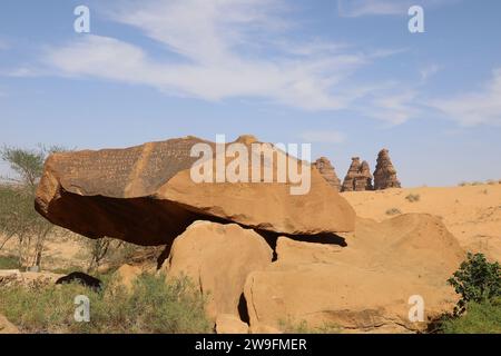 Ancient inscriptions at Jabal Ikmah in Saudi Arabia Stock Photo