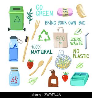 Zero waste life and minimal plastic use. Collection of hand drawn elements. Vector illustration Stock Vector