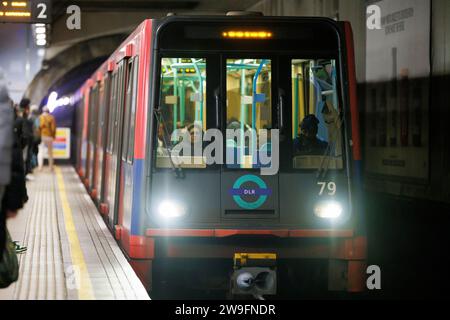 A Docklands Light Railway DLR train enters the northbound platform at Cutty Sark for Maritime Greenwich Station, Greenwich, South East London. Stock Photo