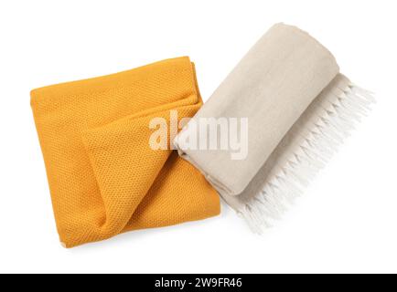 Two soft warm blankets isolated on white, top view Stock Photo