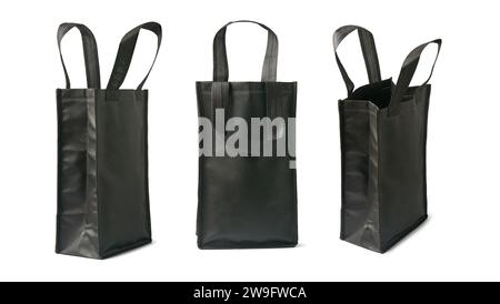 set of black canvas fabric shopping bags, eco-friendly alternative to plastic, stylish, sturdy and reusable bags for groceries and shopping, mock-up Stock Photo