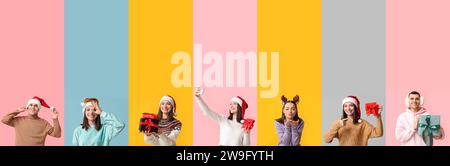 Set of young woman and man in winter clothes and with Christmas gifts on color background Stock Photo
