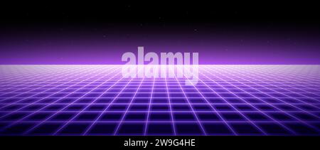 Neon wireframe horizon background. Light purple grid room floor in perspective. Glow violet retro futuristic wallpaper. Abstract checkered plane landscape. Game floor surface. Vector backdrop Stock Vector