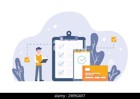 Vector illustration of businessman filling out tax forms and financial reports, online payment with credit and debit cards Stock Vector