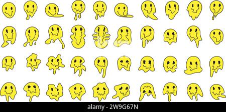 Melting or dripping smile set. Psychedelic faces isolated on white background. Bad trip concept. Stock vector illustration in old school cartoon style Stock Vector
