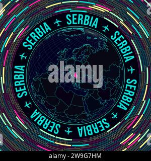 Serbia on globe. Satellite view of the world centered to Serbia. Bright neon style. Futuristic radial bricks background. Vibrant vector illustration. Stock Vector