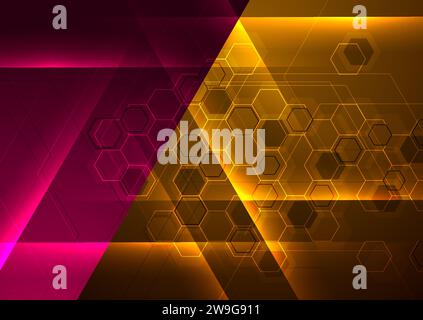 Hi-tech orange pink abstract futuristic background with glowing lines and hexagons. Vector design Stock Vector