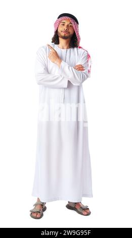 Arab saudi young man pointing to side isolated on a white background Stock Photo
