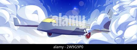 Passenger airplane flying high in sky above clouds against blue sky. Cartoon vector landscape with jet making flight deep in distance. Transport aviation and vacation travel services on aircraft. Stock Vector
