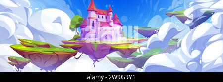 Fantastic fairy tale pink old castle with towers, gates and windows on flying island of land with grass in sky surrounded by clouds. Cartoon royal medieval kingdom palace on floating ground platform. Stock Vector