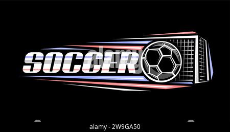 Vector logo for Soccer, decorative horizontal banner with outline illustration of soccer ball, flying on red and blue trajectory in goal on dark backg Stock Vector