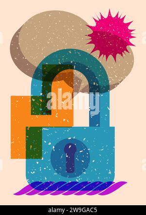 Risograph Padlock with speech bubble with geometric shapes. Objects in trendy riso graph print texture style design with geometry elements. Stock Vector