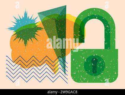 Risograph Padlock with speech bubble with geometric shapes. Objects in trendy riso graph print texture style design with geometry elements. Stock Vector